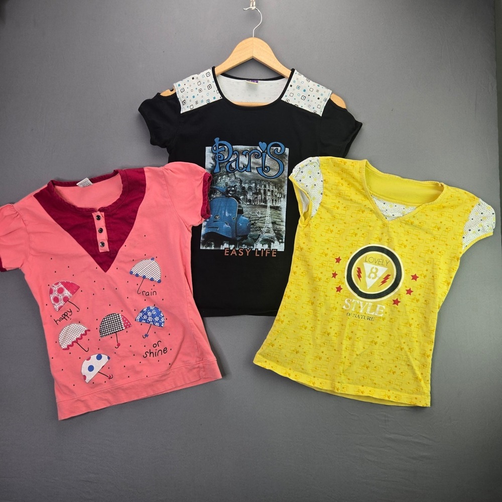 HiFun Graphic Tee Lot 3pc Size 85cm Pink Yellow Black Paris Umbrella Star Tops